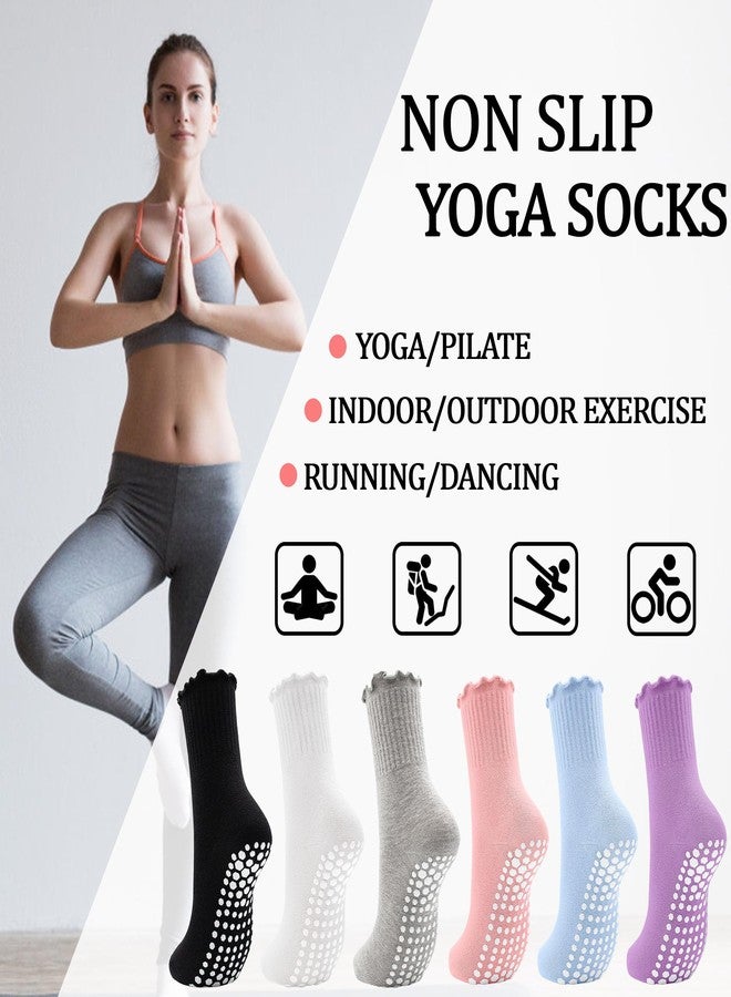 GRPSKCOS Non Slip Yoga Socks 4 Pairs Women Pilates Grip Socks for Yoga Barre Home Workout Hospital Size 5-8(#4 White+Pink+Purple+Blue, 5-8) - Image 3